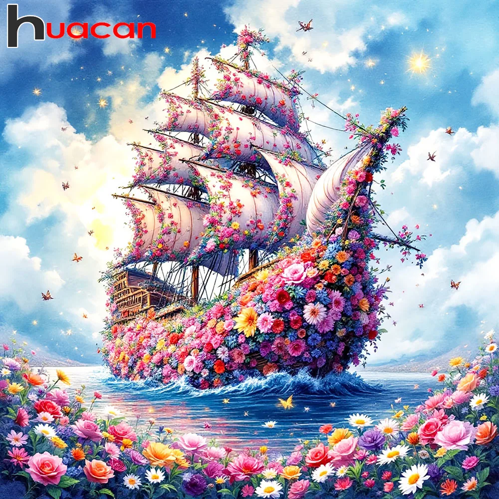 

Huacan Full Square Round Diamond Painting Sea of Flowers Sailboat Diamond Mosaic Landscape Art Decorative Paintings