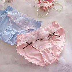 Women Milk Silk Cute Lovely Sweety Lace Embroidery Panties Princess Style Bow Ruffles Breathable Soft Underwear Breifs