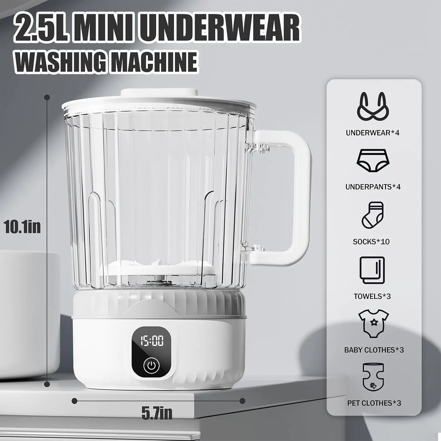 Mini Portable Washing Machine, 2.5L Upgrade, Deep Clean Small Clothes for Dorm, RV, Travel - White