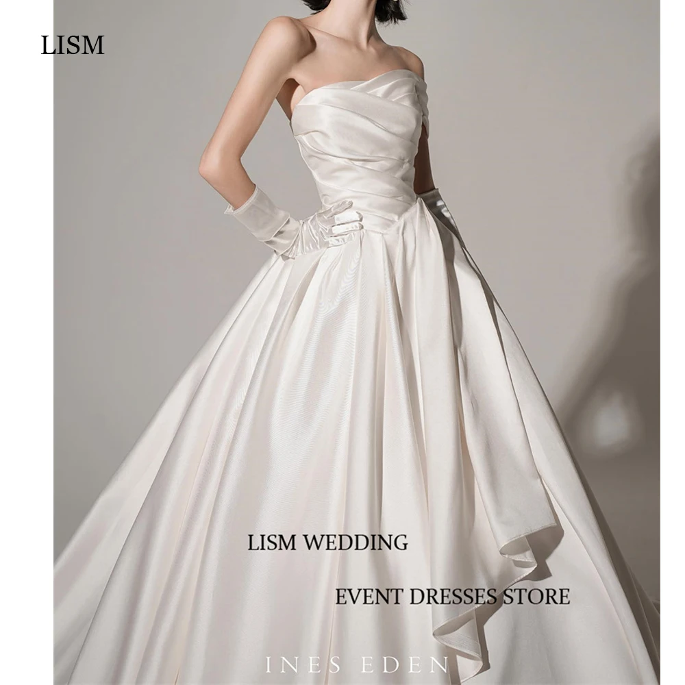 

LISM Elegant Soft Satin A Line Wedding Dresses Strapless Pleats Sweep Train Bridal Gowns Corset Back Photo shoot