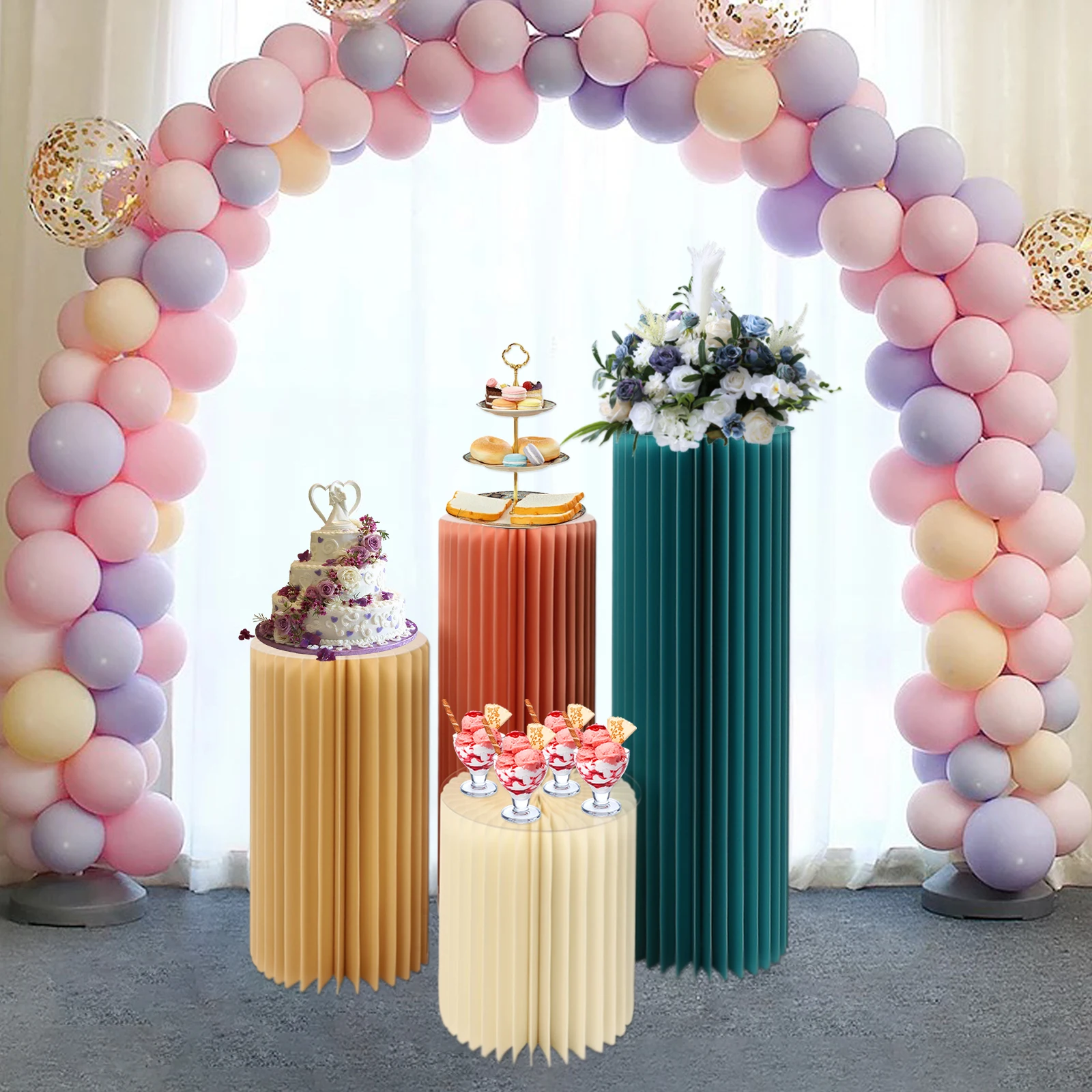 Imagem -02 - Colunas de Papel Dobrável Pedestais para Casamento Decoração de Festa de Aniversário Branco Champanhe Rosa Claro Azul Quatro Pacotes