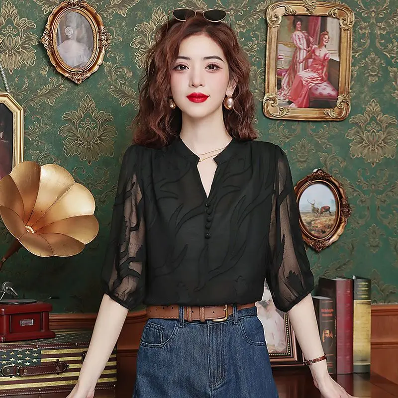 Elegant V-Neck Button Spliced Gauze Blouses Women's Clothing 2024 Summer New Loose Solid Color Chic Tops Office Lady Shirts