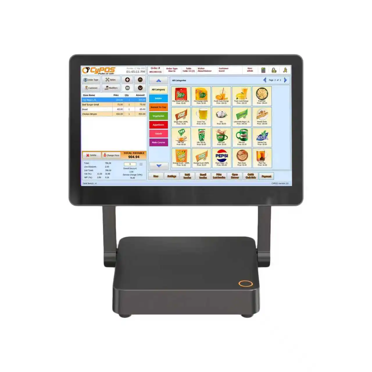 접이식 스탠드가 포함된 Elegent 15.6인치 Windows 10 금전 등록기, 1920*1080 터치스크린 POS, 10.1인치 클라이언트 스크린, 레스토랑 POS