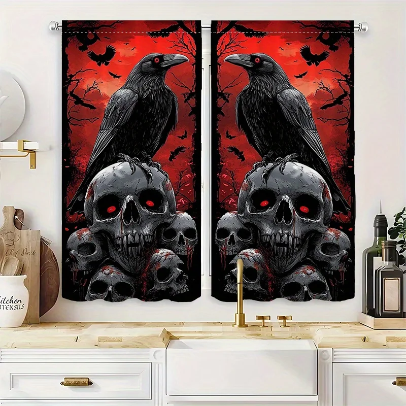 2pcs Gothic Night Curtains, Rod Pocket, Sheer, Thermal & Privacy, for Bedroom & Living Room, Gothic Home Decor
