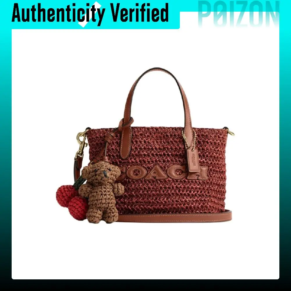 Bolso de mano COACH City de paja tejida con cuero suave refinado, mini bolso de paja y color rojo parduzco para mujer CEU30-IMYLK