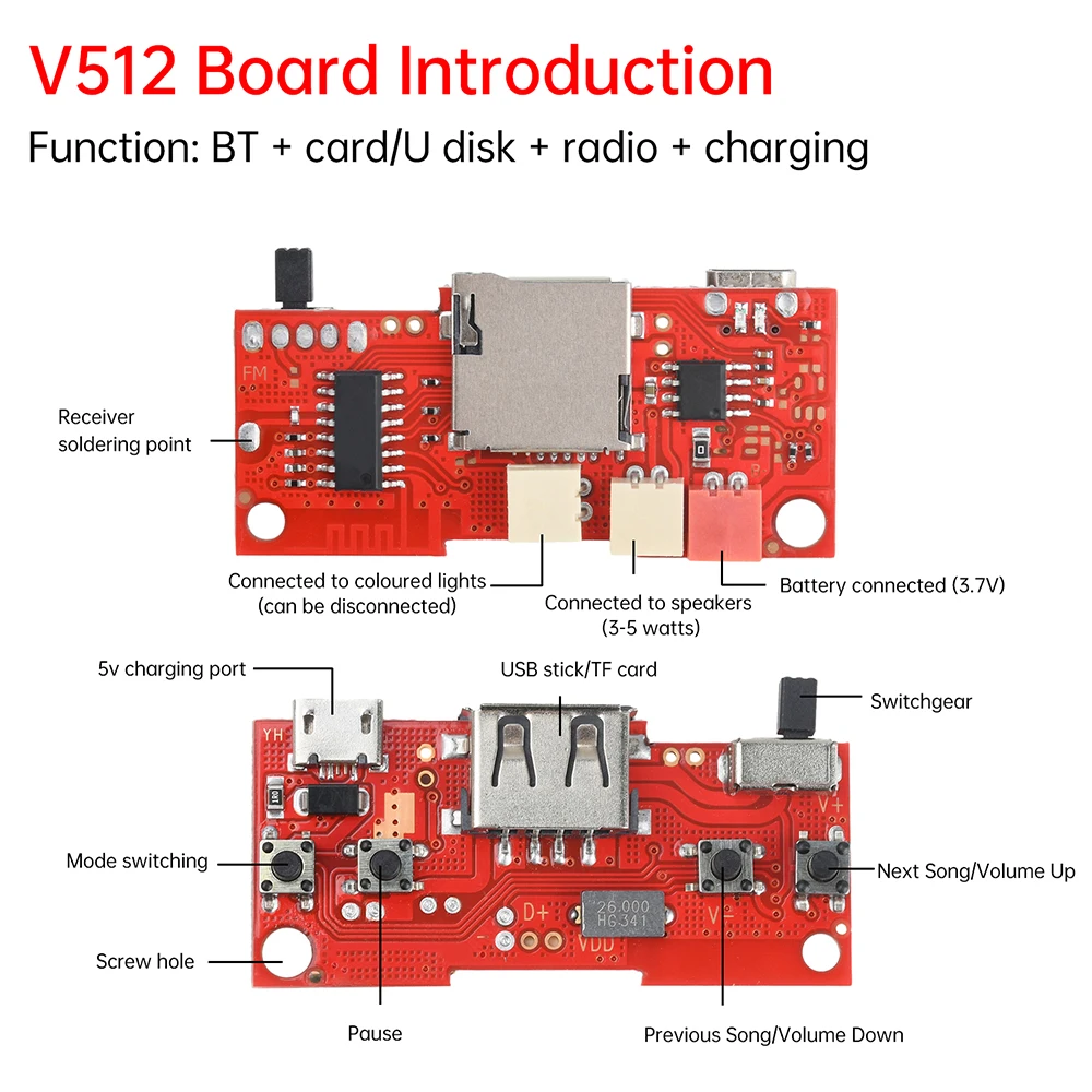 DC 5V V512 Bluetooth Audio Amplifier | Car Lossless Decoder Board | Micro USB | Hi-Fi Stereo | for Car Audio Player