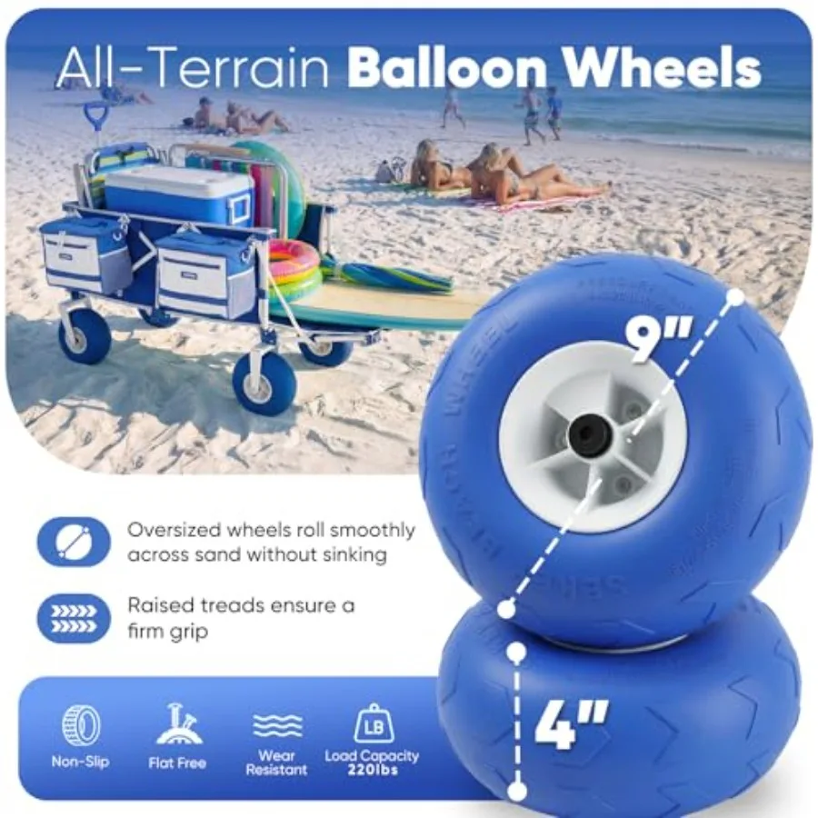 Heavy Duty Beach Wagon for Sand, Camping, Vacation: 9 Sand-Proof Balloon Tires, 300L Foldable Cart with Cooler, Adjustable Hand