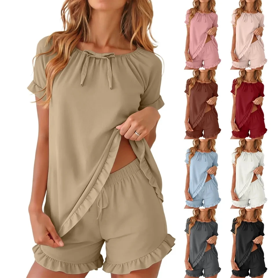 

Womens Summer Pajama Sets Loungewear Ruffle Short Sleeve Top And Shorts Two-Piece Set Sleepwear Female Casual Loose Suits