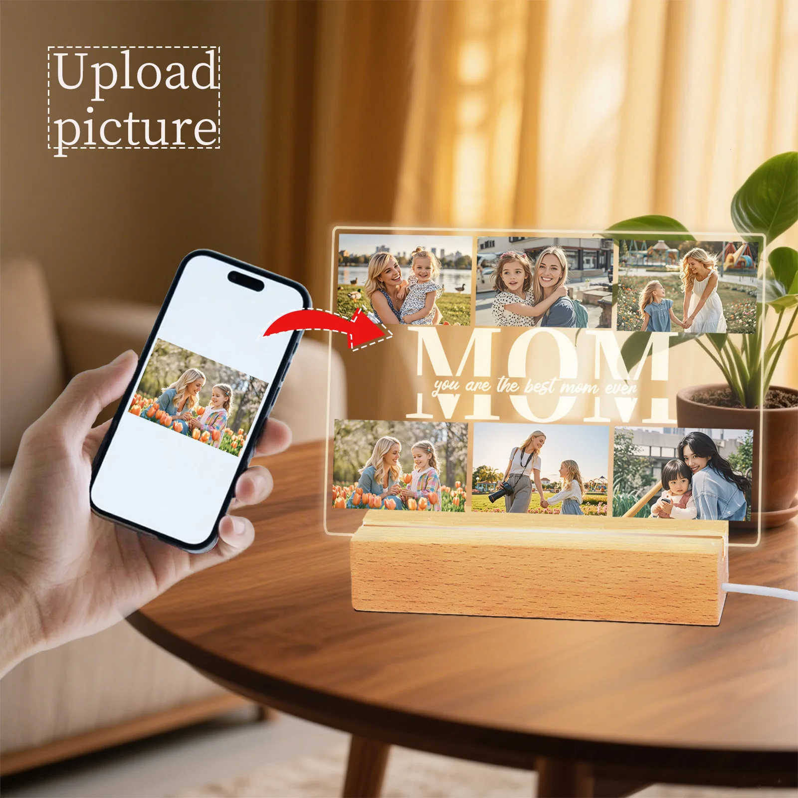 Personalized Photo Acrylic Plaque Custom Mothers Day Night Light for Mom Birthday Present Home Decor