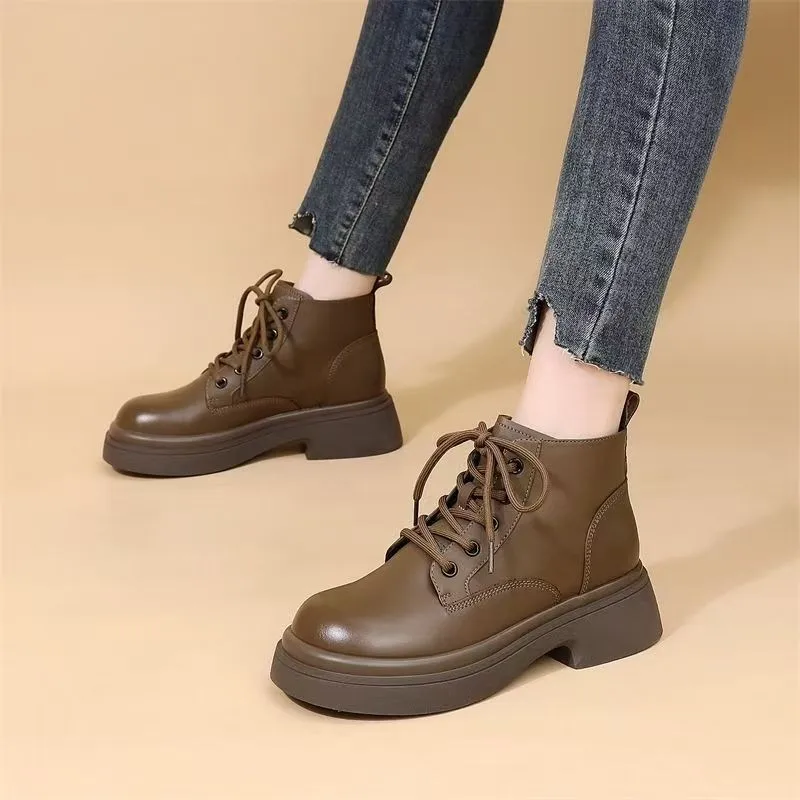 

2025 Spring/Autumn New Women's Round Toe Lace-up Motorcycle Boots British Style Comfortable Thick Heel Ankle Boots Botas Mujer