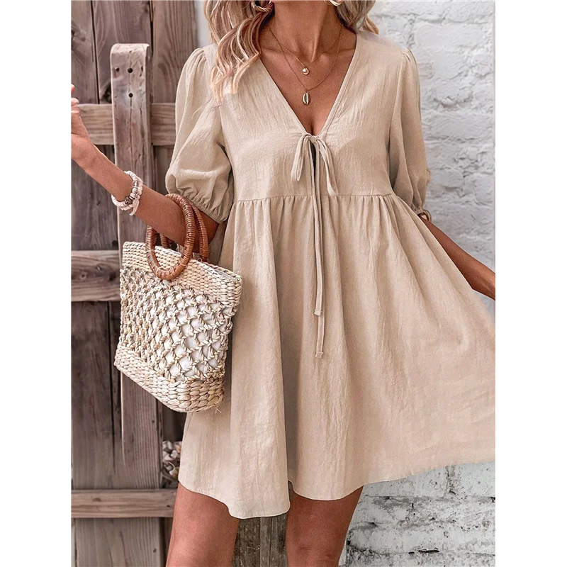 

ABRT-Womens 2025 Summer Casual Short Sleeve Dresses A Line Bow-Knot Tie Front Babydoll Loose Cute Mini Dress