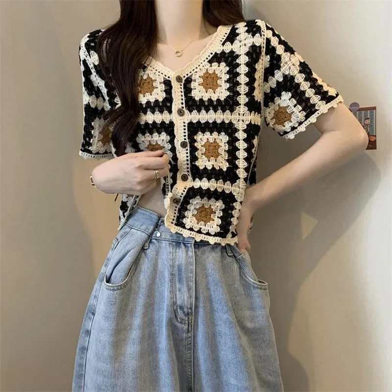 Granny Squares Crochet Top Short Sleeve Open Knit Crop Cardigan Blouse Women\'s Summer Fairycore Cottagecore Vintage Outfit