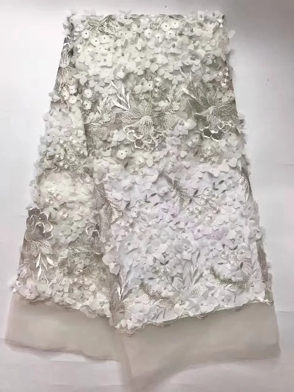 

French Nigerian Lace Fabrics High Quality Latest White Dress Lace Fabric Embroidered Net Fabric With Beads ALC-J1106