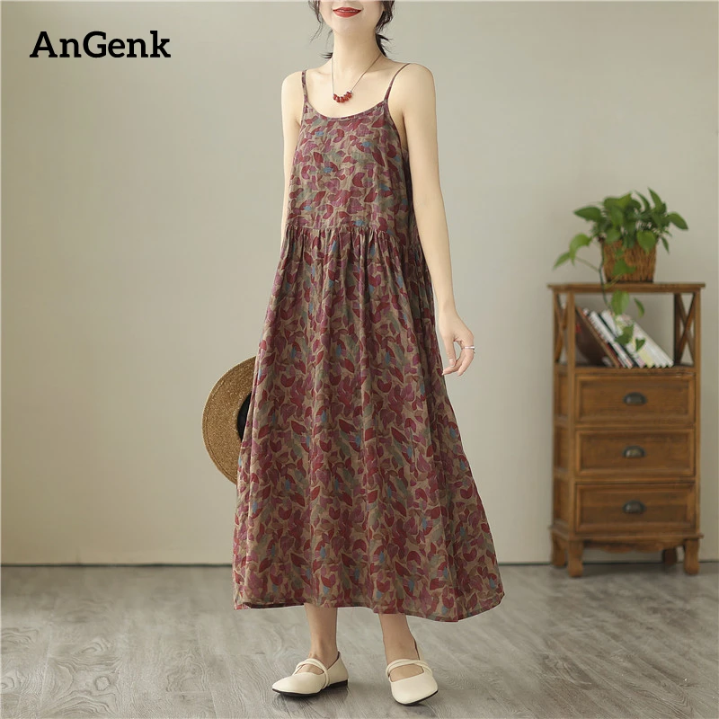 Summer Cotton Sleeveless Spaghetti Strap Print Vintage Long Dresses For Women 2023 New Casual Beach Dress Femme Elegant Clothing