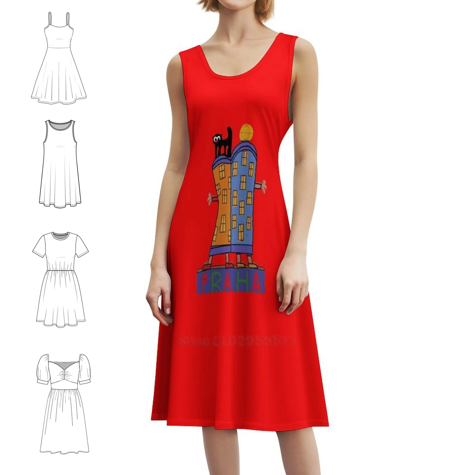 

Prague Bohemian Sleeveless Dress Multi-Print Beach Vacation Party Dress Prague Cat Bulding Friends Buildings Womens Dresses