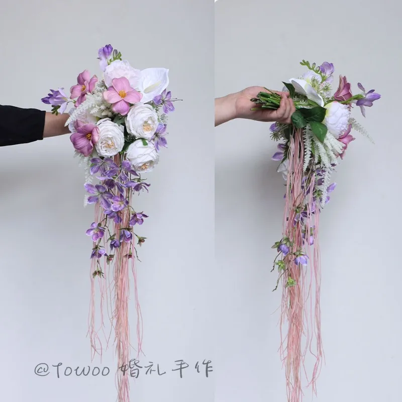 

Розовый фиолетовый букет водопада, имитация цветка Фаленопсис, свадебный сертификат невесты, свадебная фотосессия