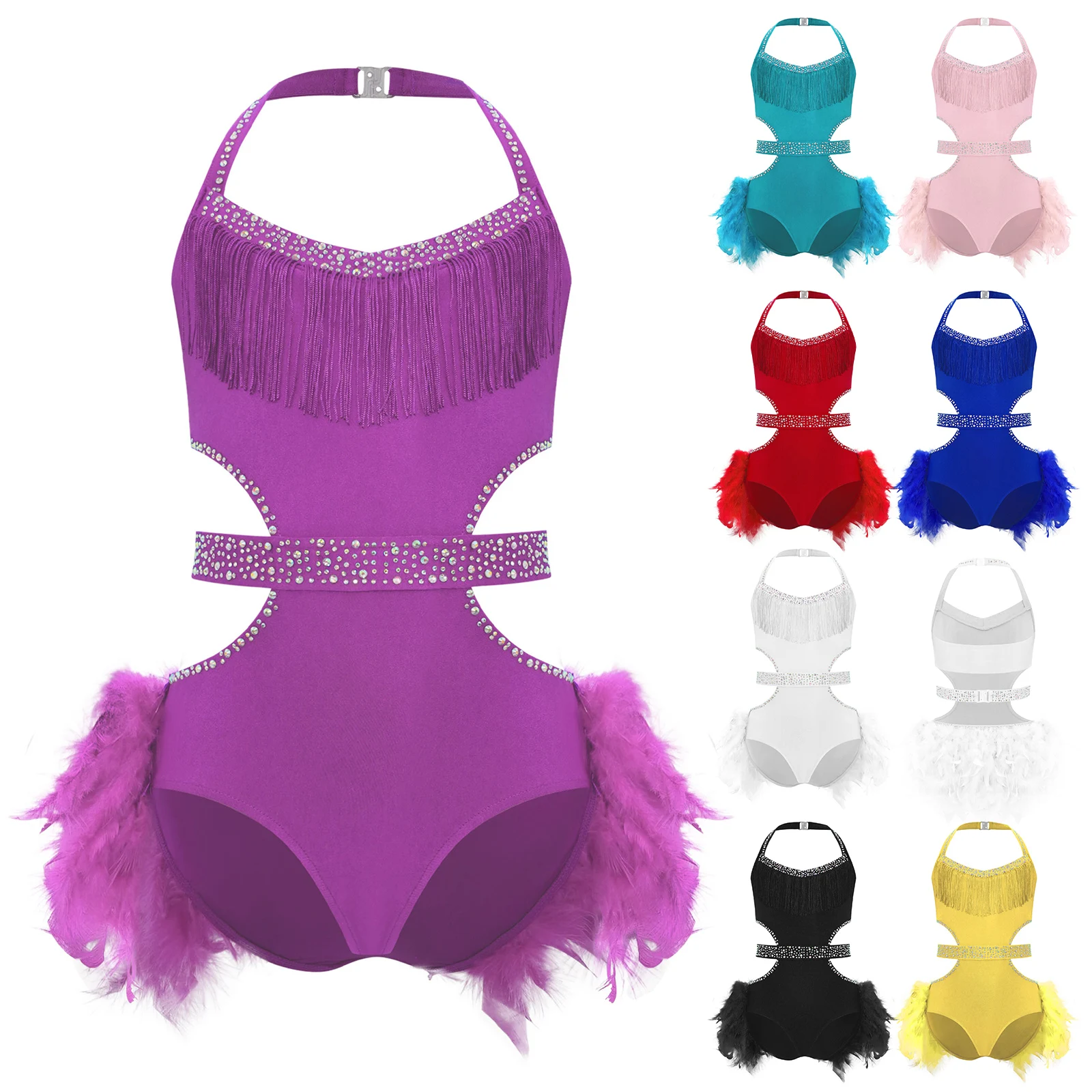 Kids Girls Latin Jazz Dance Dress Rhinestones Feather Skirted Leotard Sparkly Costume for Dance Competition Stage Performance