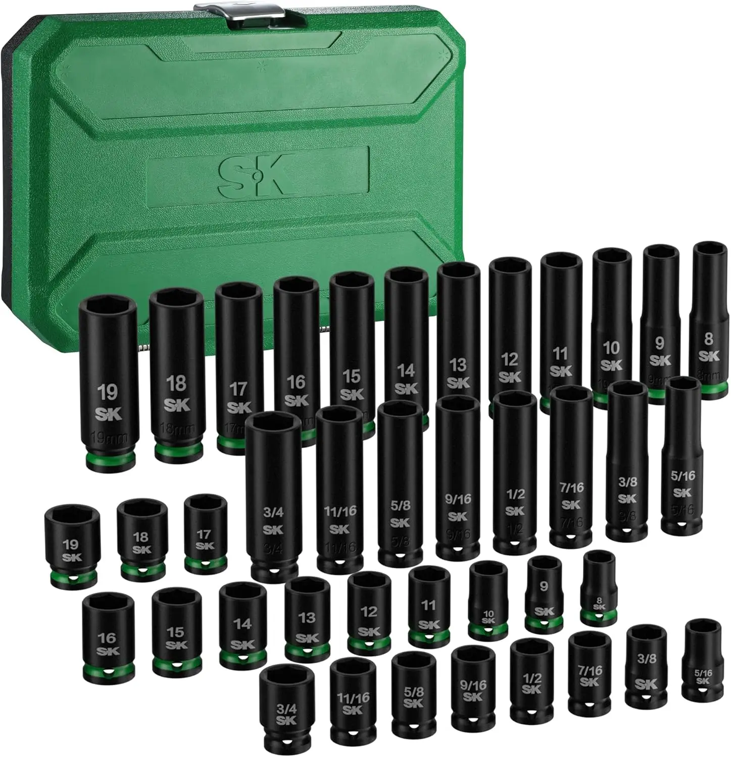 

3/8" Drive Impact Socket Set, 40-Piece Deep & Shallow Sockets, Metric 8-19mm & SAE 5/16"-3/4", CR-MO Steel with SureGrip Design