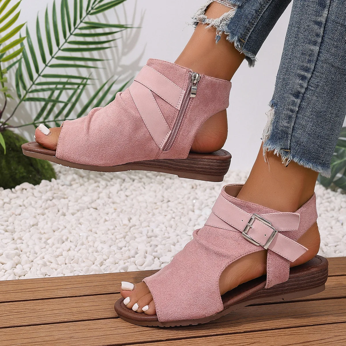 

2026 Wedge Heel Belt Buckle Bare Cool Women's Pleated Fish Mouth Sandals Casual Simple Side Zipper Western Boots