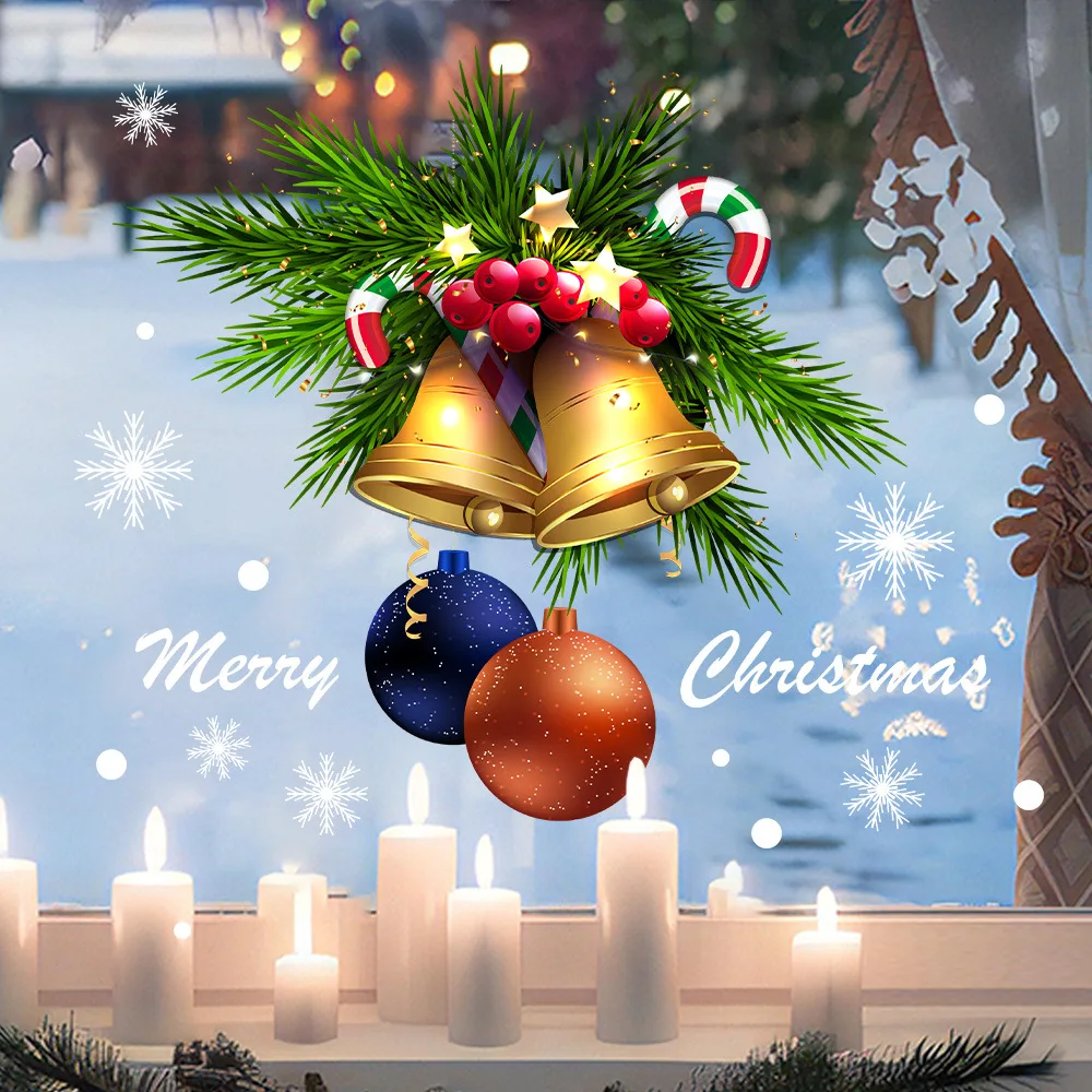 Golden Bells Red Berries Snowflakes Merry Christmas Stickers Room Decor Reusable Static Cling Christmas Window Stickers