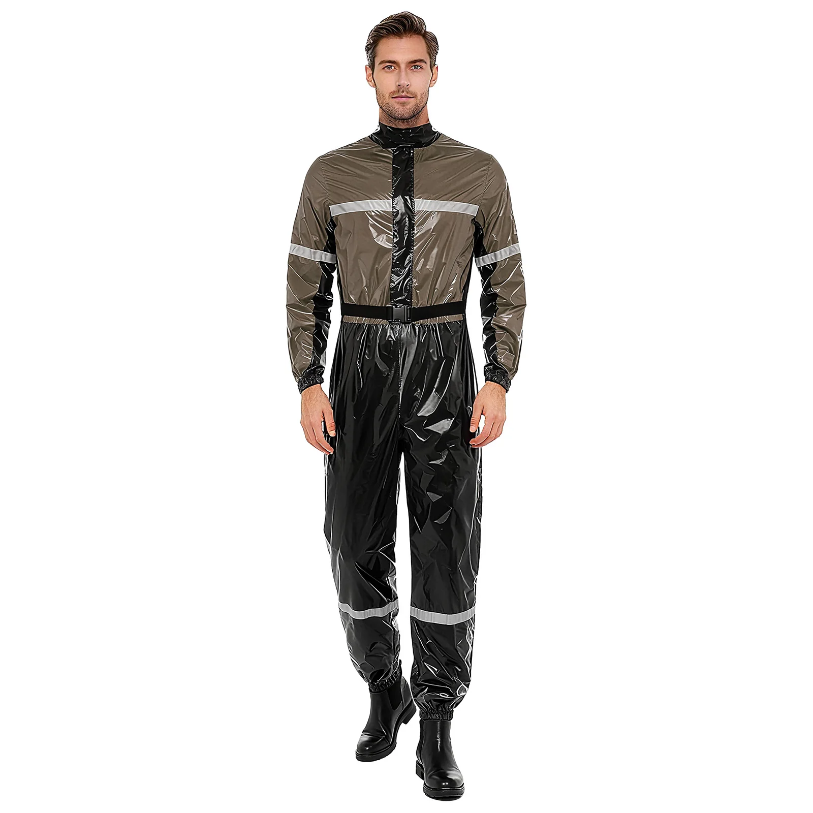 Adult Men Reflective Strips Waterproof Coveralls Color Block Bodysuit Romper Workwear Long Sleeves Front Zipper Belted Jumpsuit