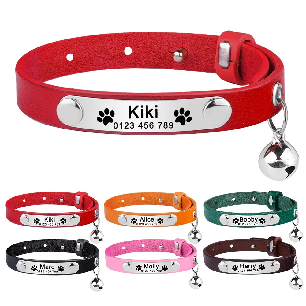 Engraved PU Leather DermisCat Collar Waterproof Personalized Free Custom Name Adjustable Anti-lost Customized Cat Accessory