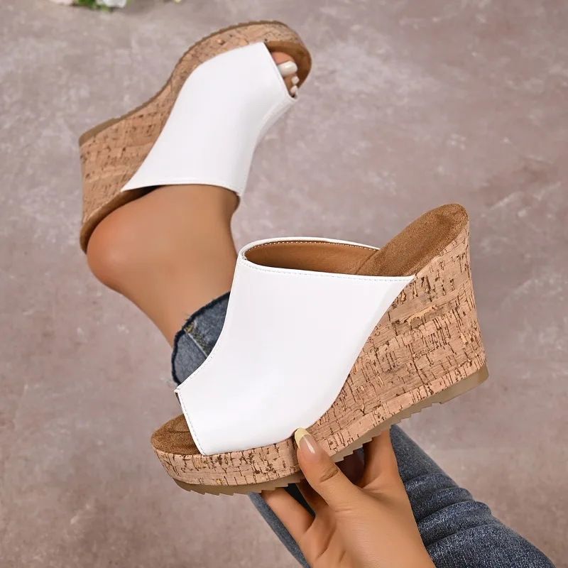 Women's New Solid Color High-Heeled Slippers Summer Simple Comfortable Peep Toe Shoes Everyday Comfortable Home Roman Sandals 42