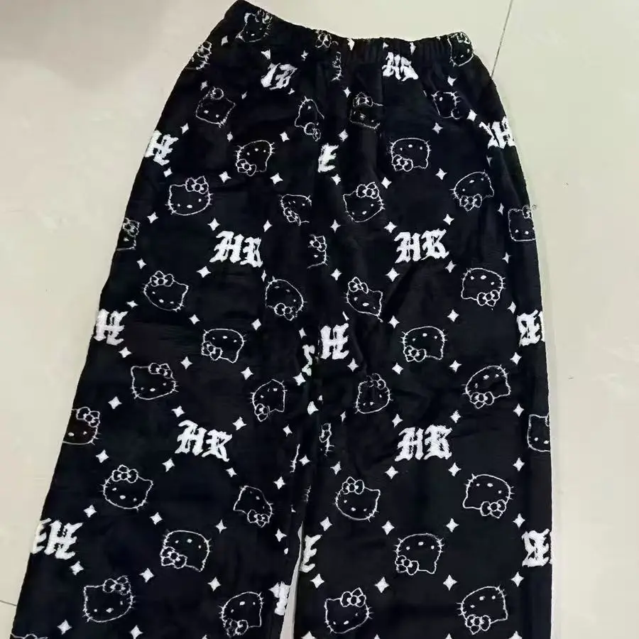 Повседневные домашние пижамные штаны на флисовой подкладке с рисунком Hello Kitty на Хэллоуин и Рождество, подходят для осени и зимы
