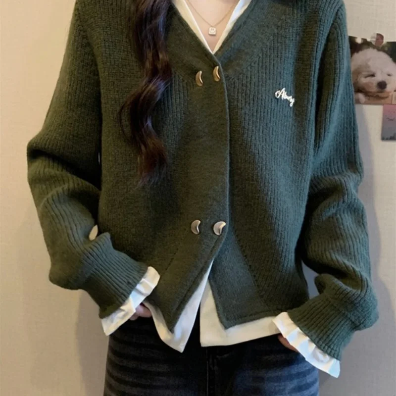 

plus Size Loose Fit Long Sve Knitted Sweater Korean Sle Fake Two-Piece Autumn Faion Women's Casual Wear Versatile Slim...