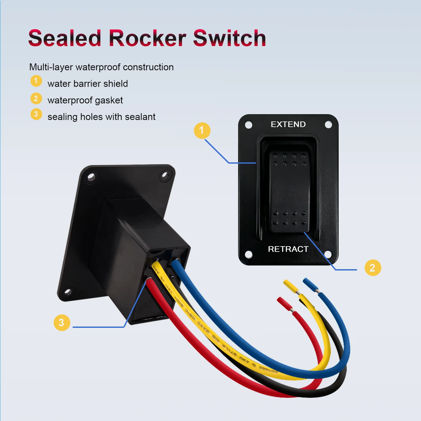 Waterproof Momentary Rocker Switch | EXTEND / RETRACT | 4-Pin DPDT (On)-Off-(On) | Reverse Polarity | Boats, ATV, UTV, Camper
