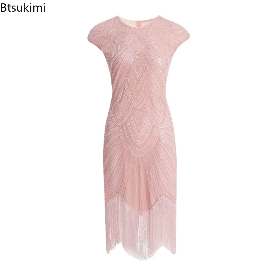 1920s Vintage Elegant O-Neck Sleeveless Tassels Weave Bodycon Sequin Party Dress Summer Women Ball Fashionable Clothes Plus Size