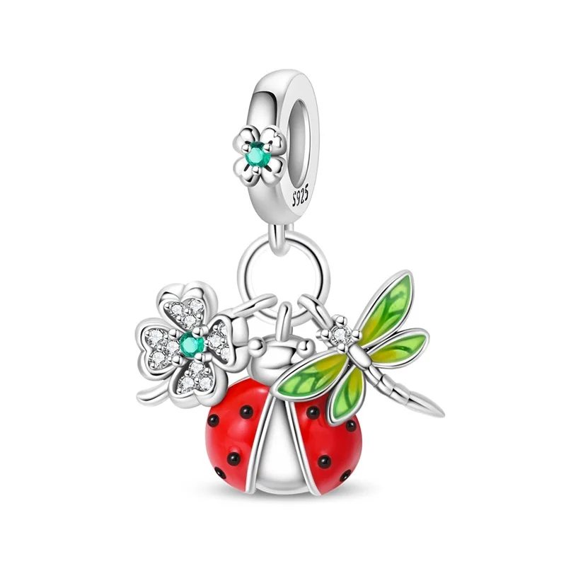 

925 Sterling Silver Spring Ladybug Dragonfly Charm Beads Sparkling CZ Zircon Dangle Fit Original Bracelet DIY Women Jewelry