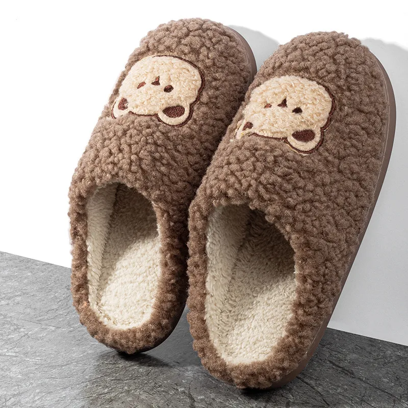 New Women Home Slippers Men Furry Indoor Bedroom Flats Warm Plush Couples Cute Cartoon Bear Winter Floor Slides Non-slip Shoes