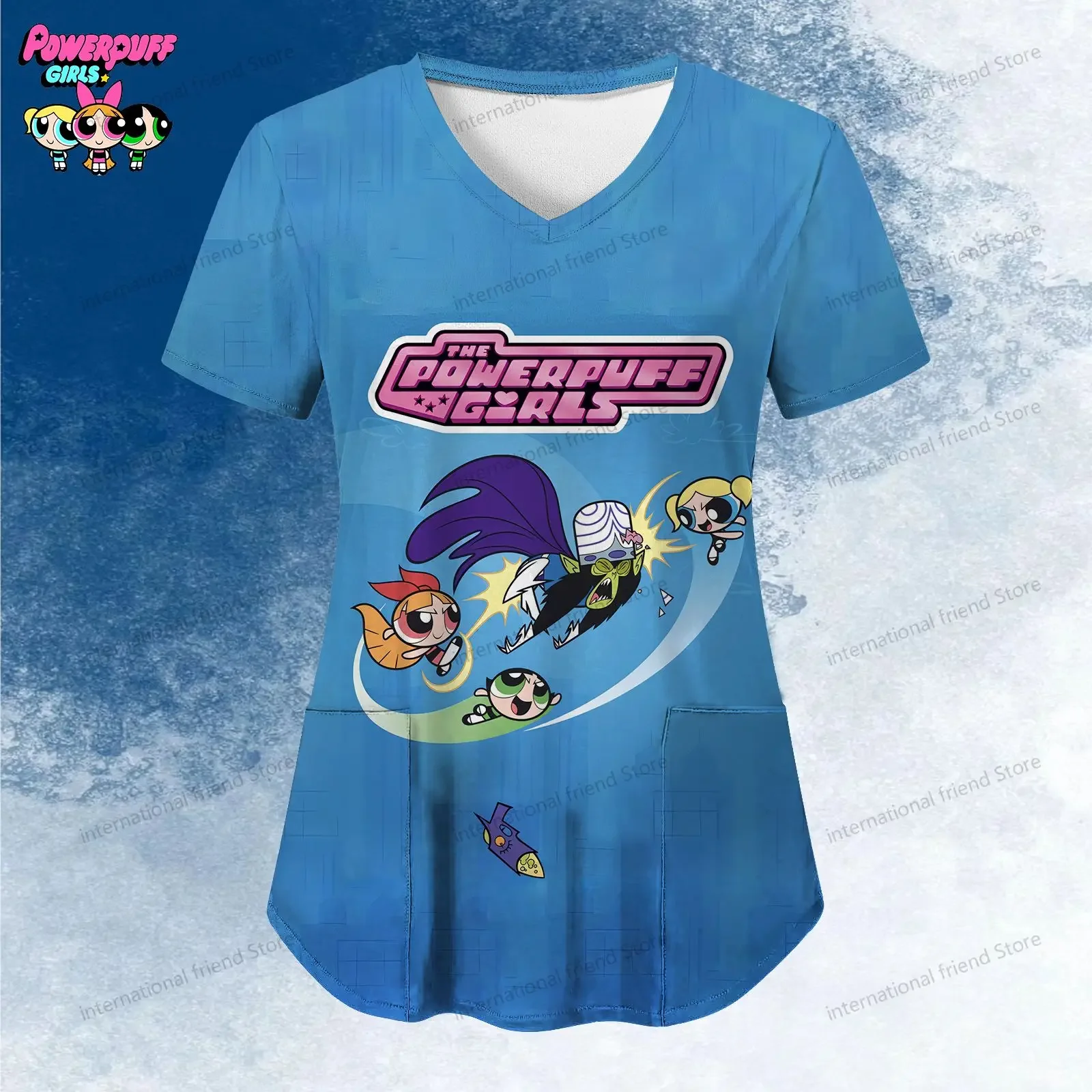 

Women's V Neck Nurse Uniform T-Shirt The Powerpuff Girls Pocket New Dress Cheap Top 2024 Summer Short Sleeve Kawaii S-2XL Y2k