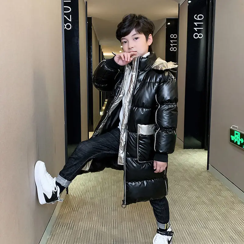 

Boys Parkas Winter Coat 2024 New Children Clothes Fashion Plus Velvet Thick Hooded Warm Long Padded Jacket Outerwear 110-170