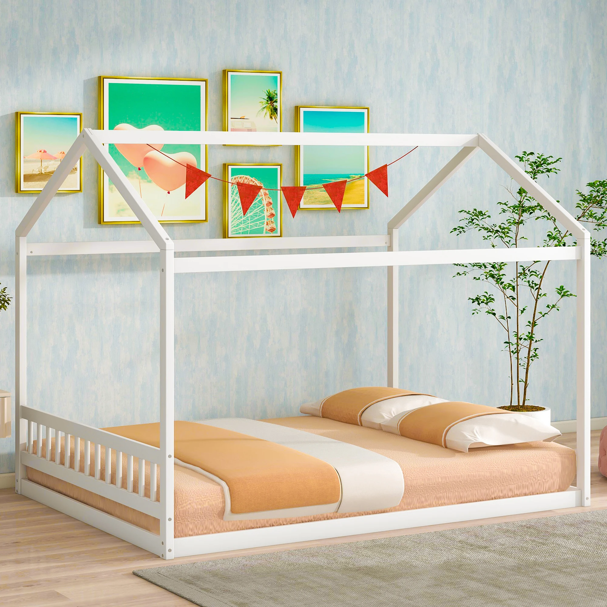 

Queen Size Wooden House Bed with Headboard, White 82.70x63x70.90 in.