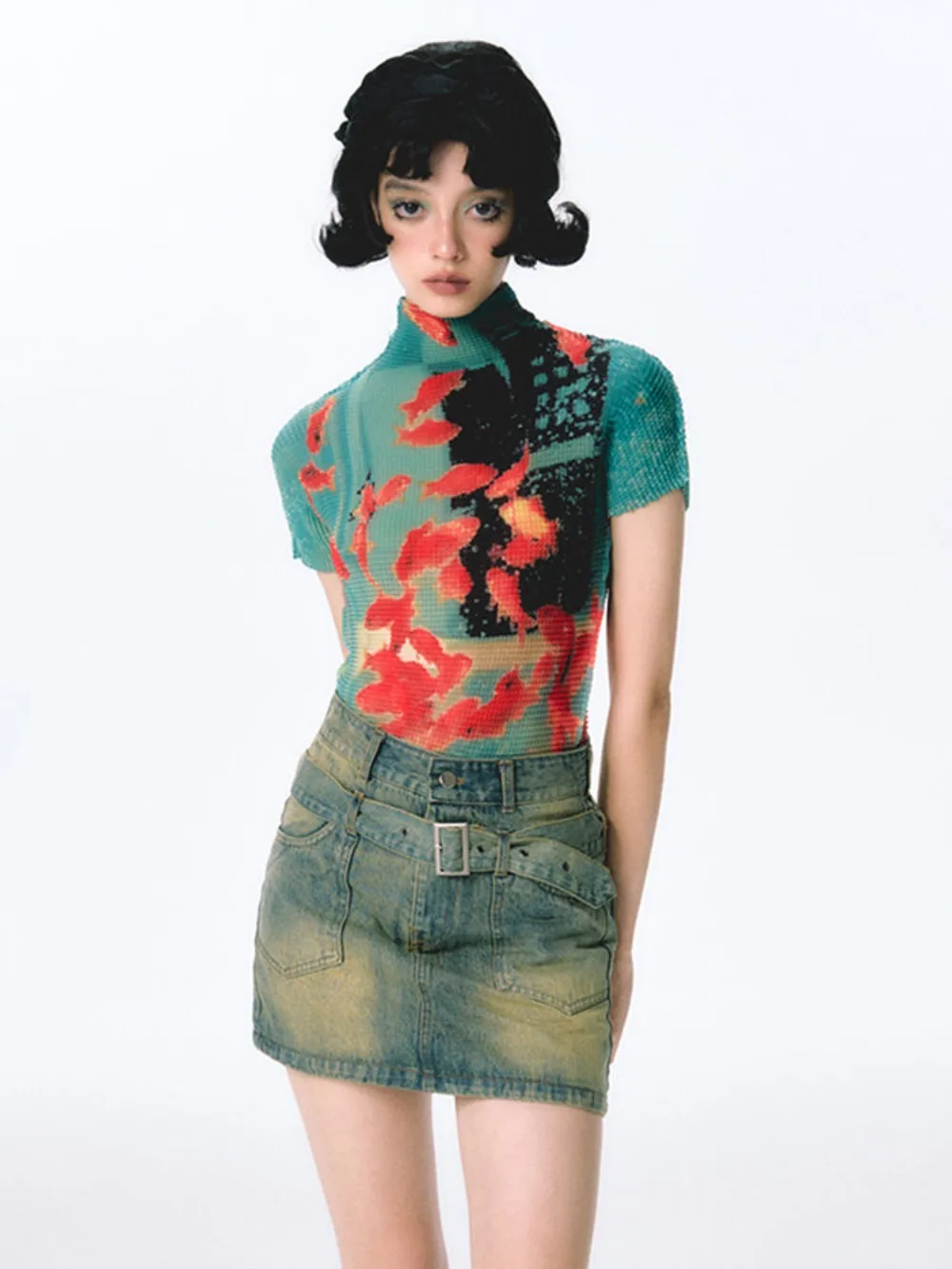 

Pleated Goldfish Tshirt Dopamine Summer Trendy Stretchy Short Sleeve Top Kawaii Harajuku Aesthetic Y2K Streetwear CasualTee