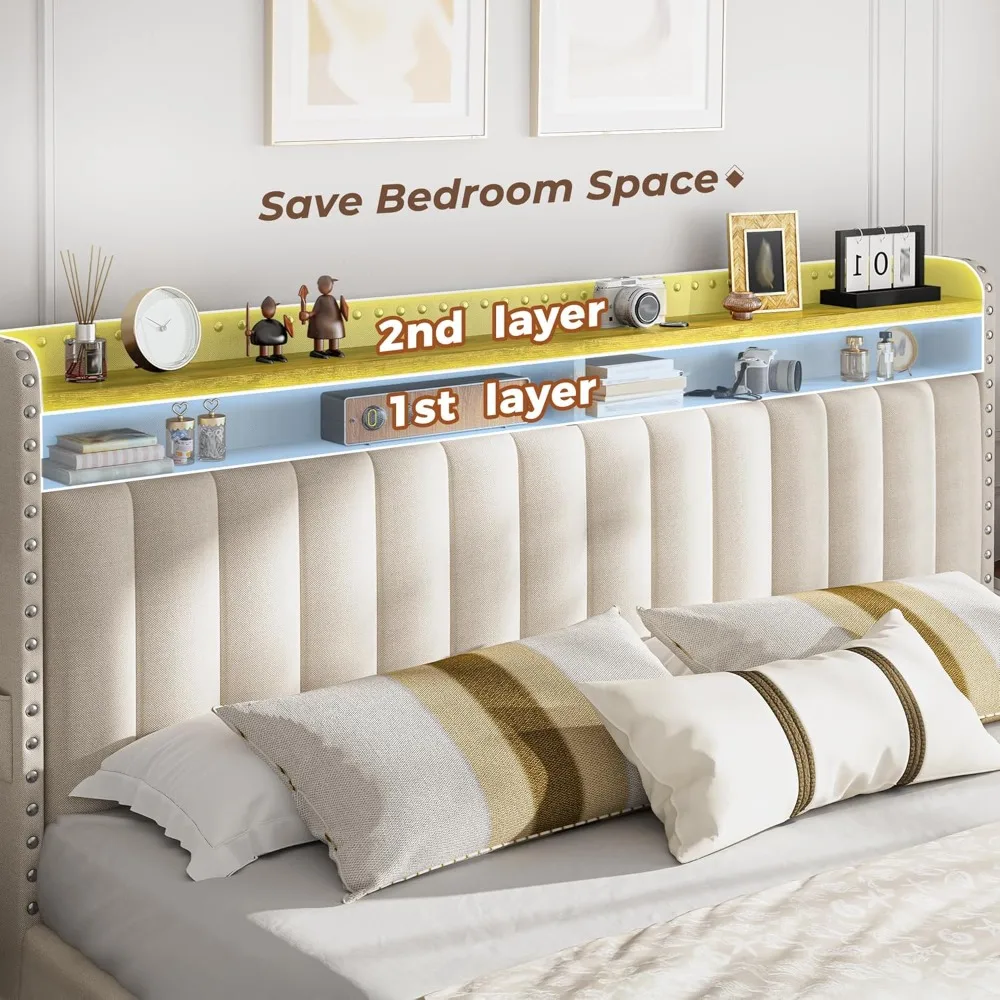 إطار سرير منجد بحجم كوين مع أدراج تخزين ولوح رأسي من طبقتين، وسرير بمنصة دعم شرائح خشبية