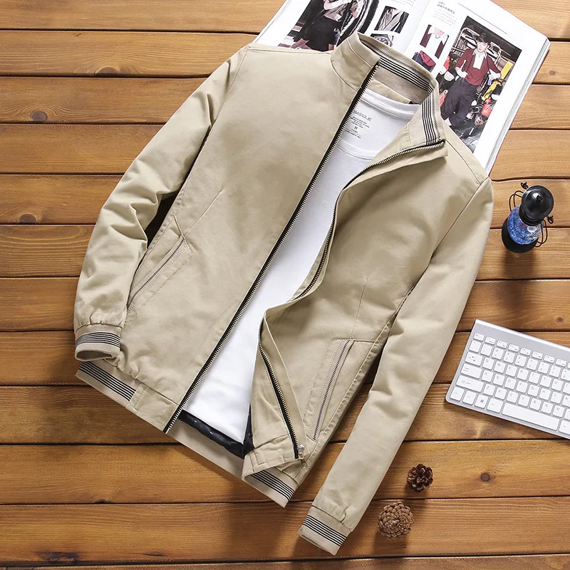 Men Stand Collar Striped Rib Cuff Zip Up Casual Jacket Side Pocket Outerwear