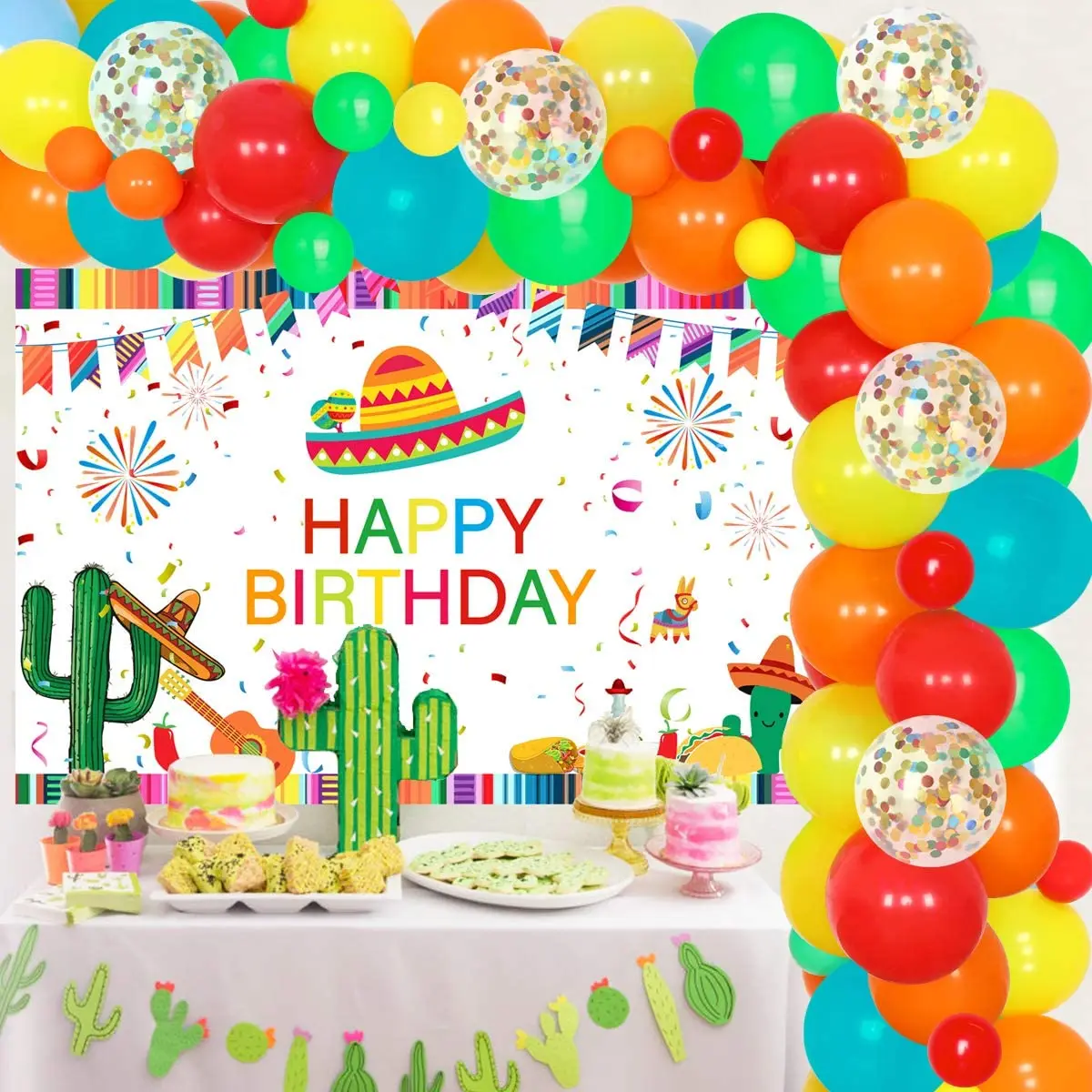 Mexican Fiesta Birthday Party Decorations Fiesta Balloon Garland Kit Happy Birthday Backdrop Cinco De Mayo Taco Party Supplies