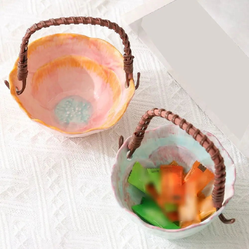 

Flower Design Ceramic Fruit Basket Colorful Creative Jewelry Storage Basket with Handle Smooth Dried Fruit Storage Basket