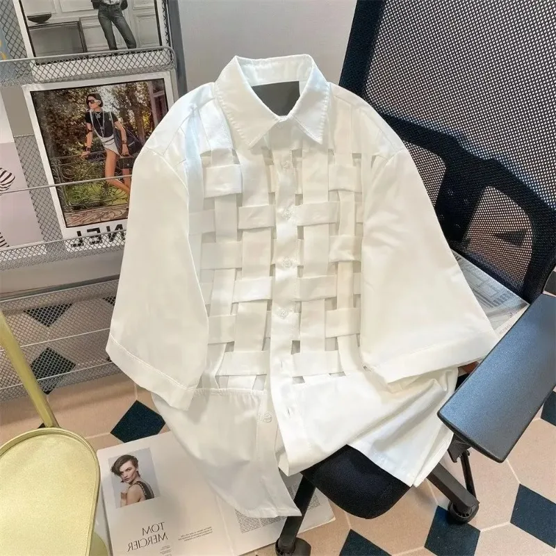 EBAIHUI Unisex Solid Color Woven Shirt Summer Loose Collar Short Sleeved Blouse Korean Version Fashionable Cardigan Blusas