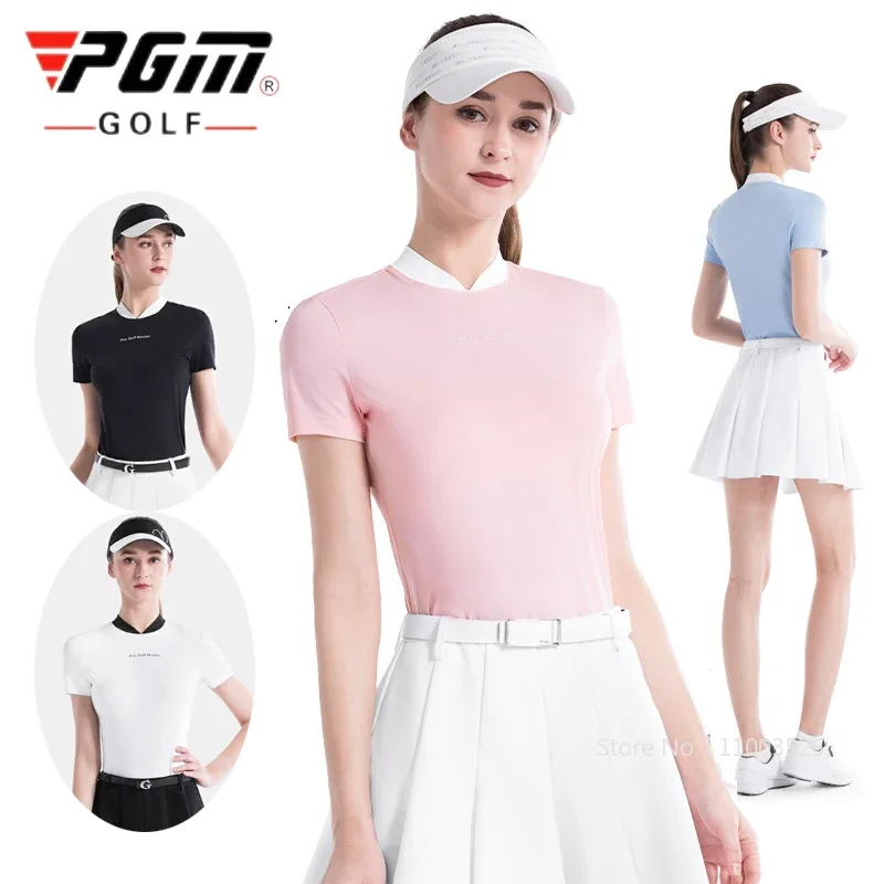 

PGM Golf Women Summer V Neck Slim Tops Ladies Short Sleeved Ice Silk T-shirt Sunscreen Sports Stretch Golf Shirts Anti-UV UPF50+