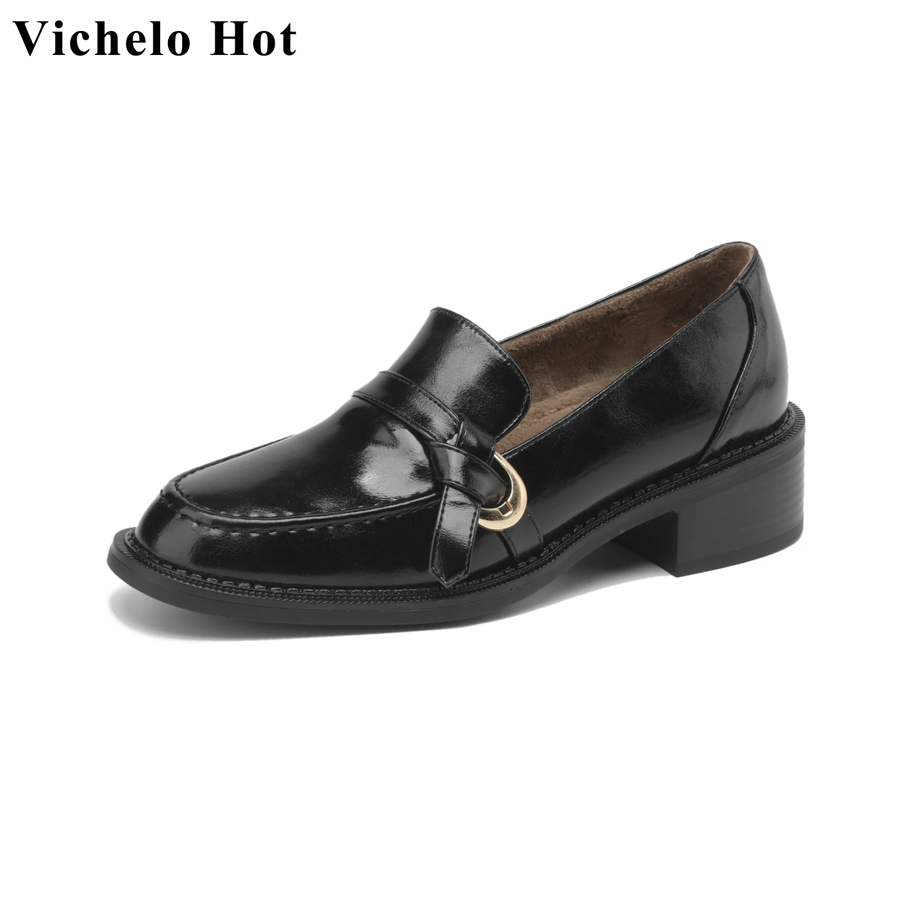 

Vichelo Hot Sale Big Size Cow Leather Slip On Med Heel Spring Winter Shoes Brand Shallow Loafers Mature Keep Warm Women Pumps