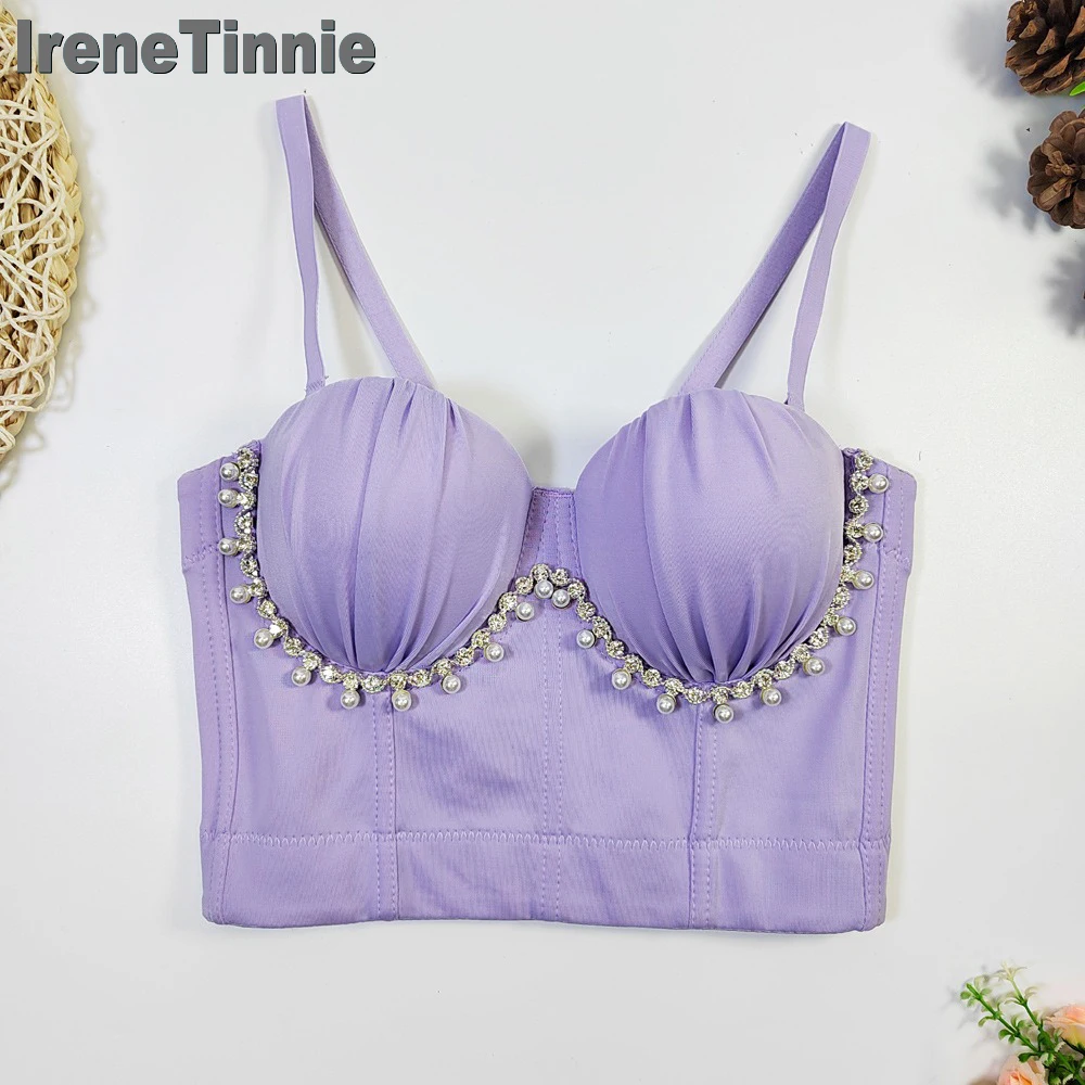 IRENE TINNIE Pretty Pleated Design Corset Pearl Drill Chain Crop Tops Sexy Nightclub Women Sleeveless Solid Color Short Bustier