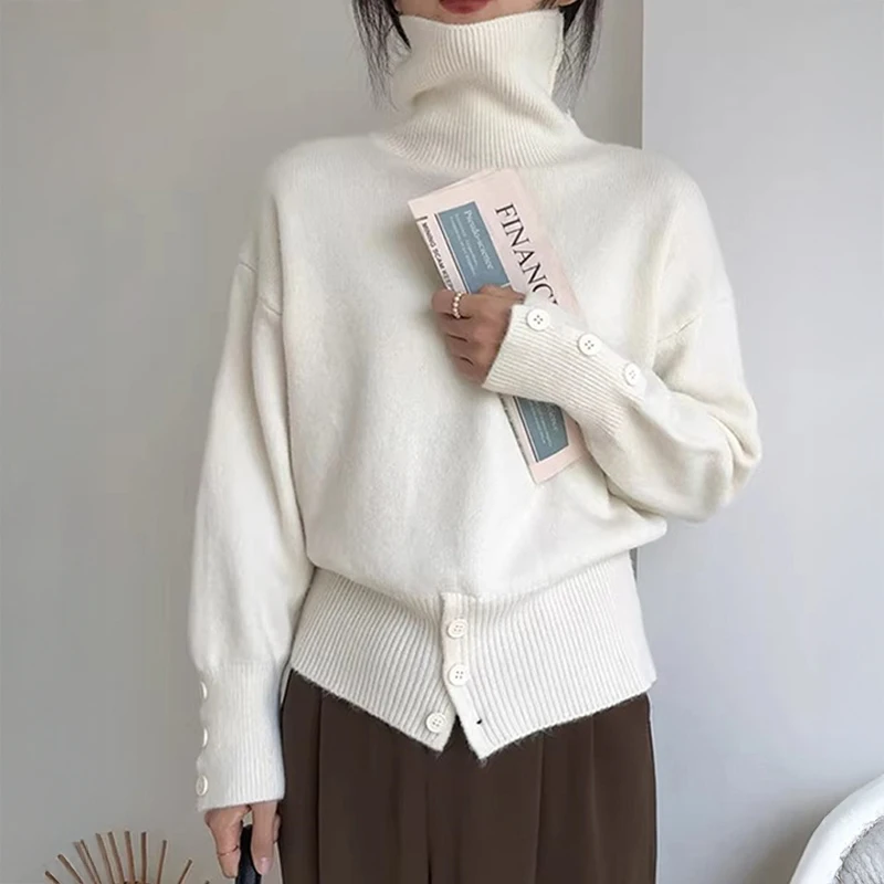 

Turtleneck Sweater with Buttons Decor Funnel Neck Pullovers Grey Jumper for Women Ladies Cosy Autumn Winter Casual Outfit