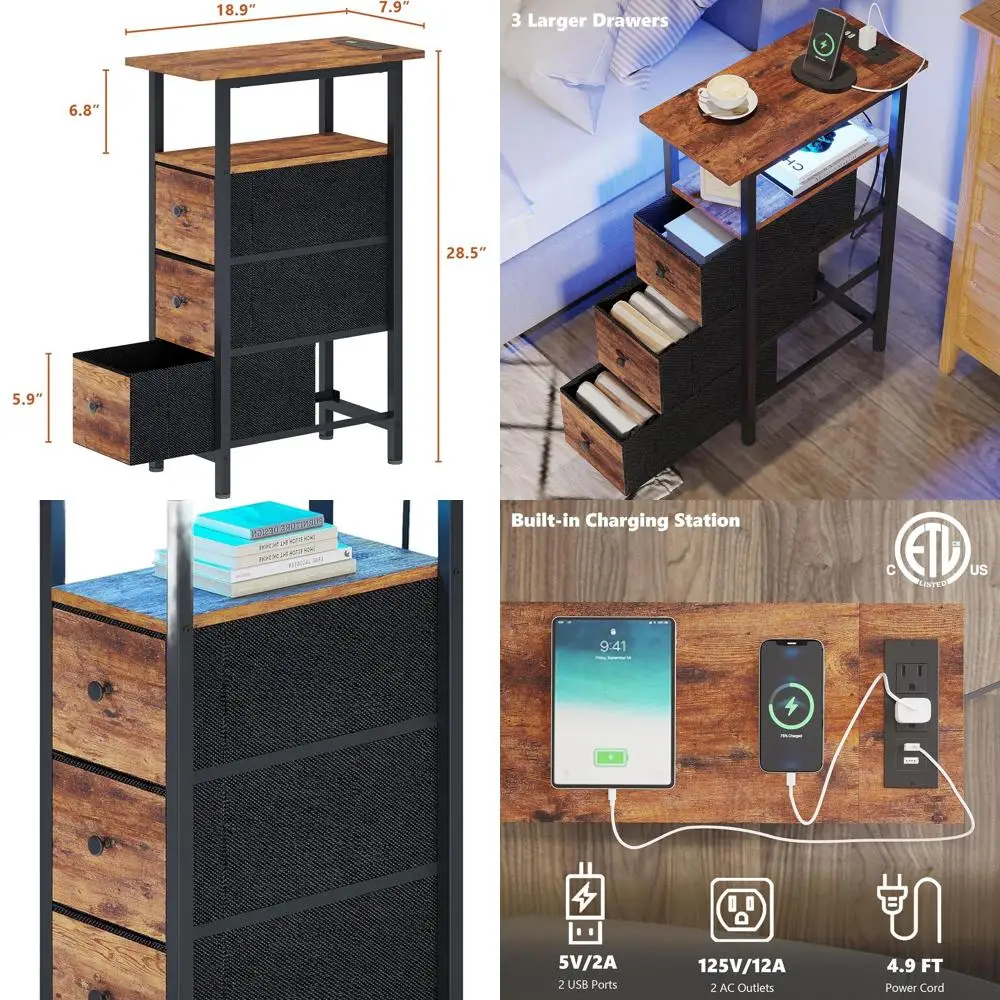 

Компактная коричневая прикроватная тумбочка в деревенском стиле с 3 ящиками, светодиодной подсветкой и зарядной станцией для небольших помещений