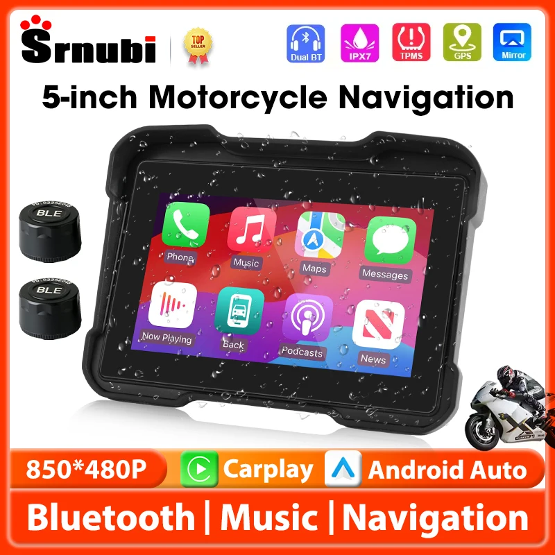 

Srnubi 5 inch Carplay Motorcycle GPS Navigation Multimedia Player Wireless CarPlay Android Auto Display Screen Moto Monitor IPX7