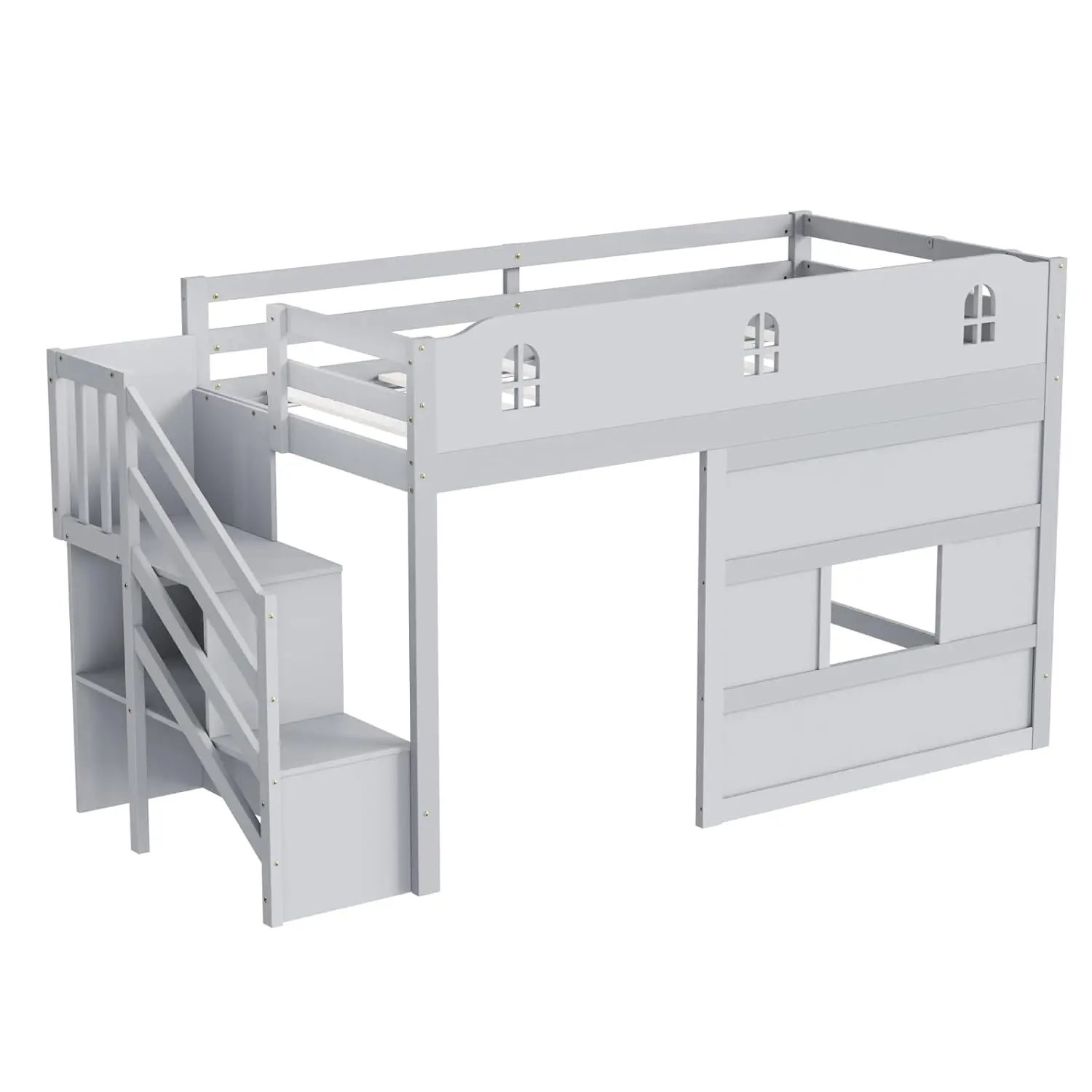 #Gray Loft Bed Twin LED Light Guardrail Window Stair Book Rack App Control No Box Spring, Customized