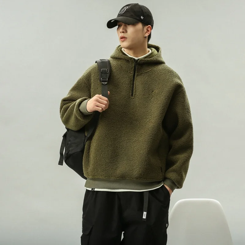 

Winter New American Casual Lamb Velvet Hoodie Men's Thiened Lined Loose Overhead irt Faionable Youth Leisure Coat